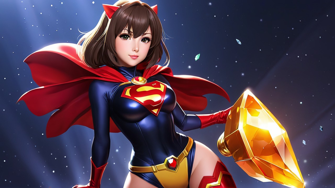 Female superhero in blue and red costume with cape