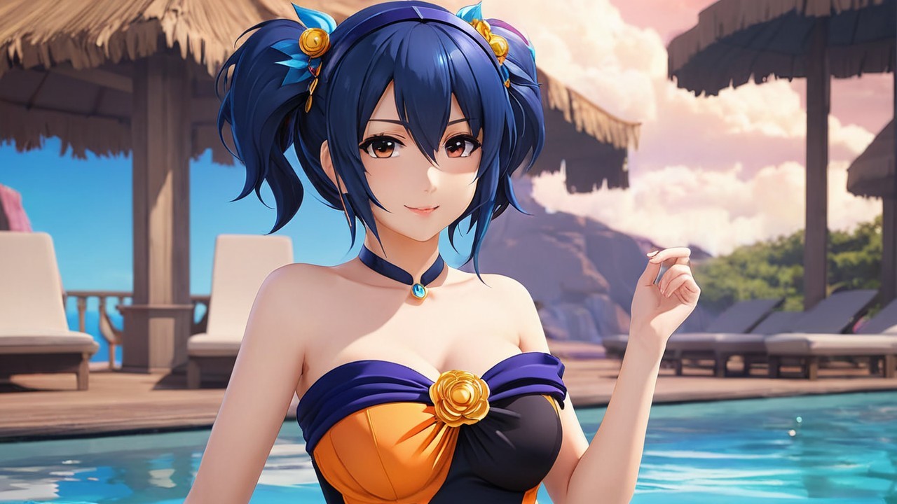 Anime Girl by Sparkling Pool in Colorful Swimsuit