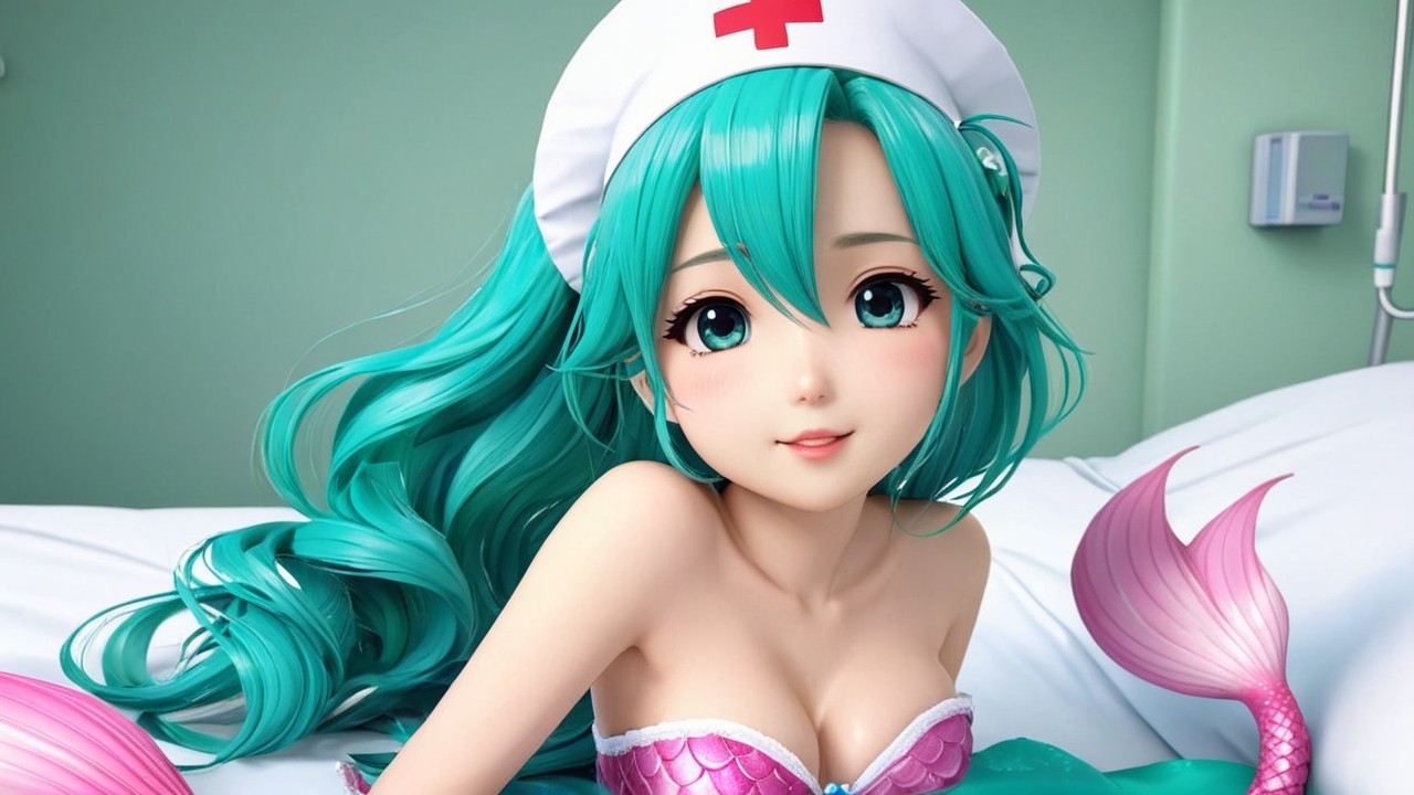 Stylized anime character as a nurse-mermaid hybrid