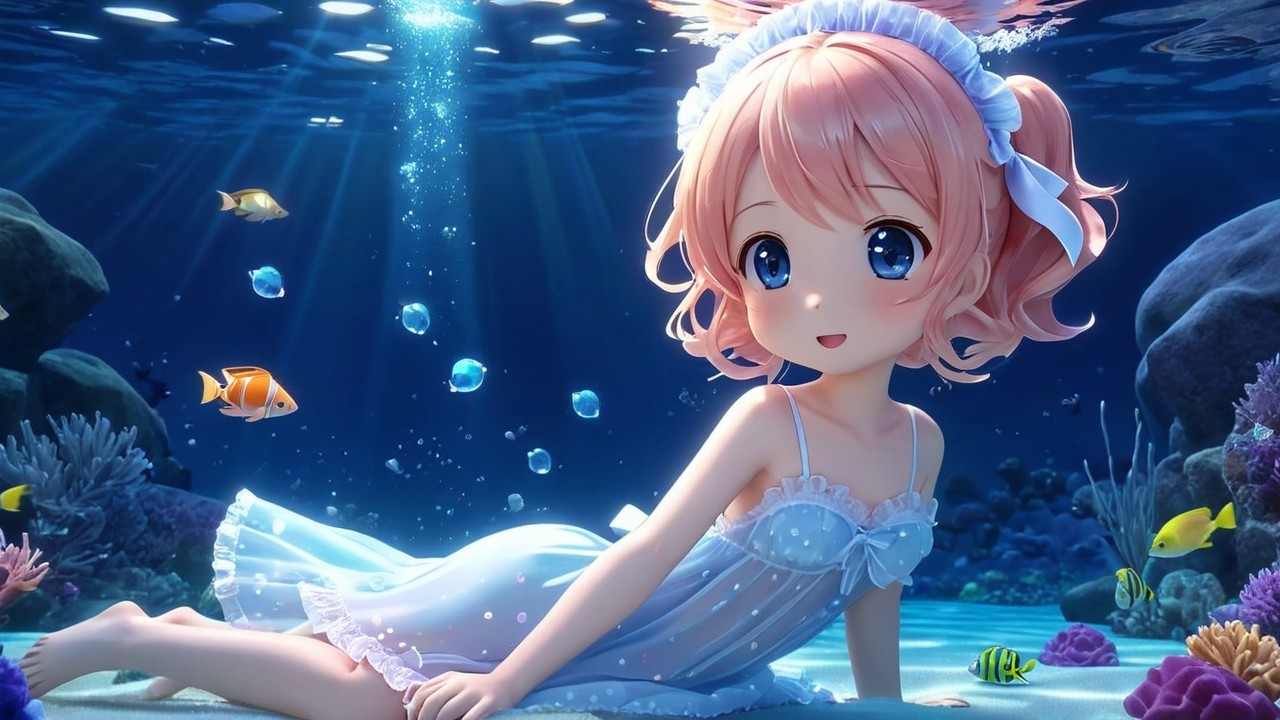 Cheerful anime girl swimming among coral reefs