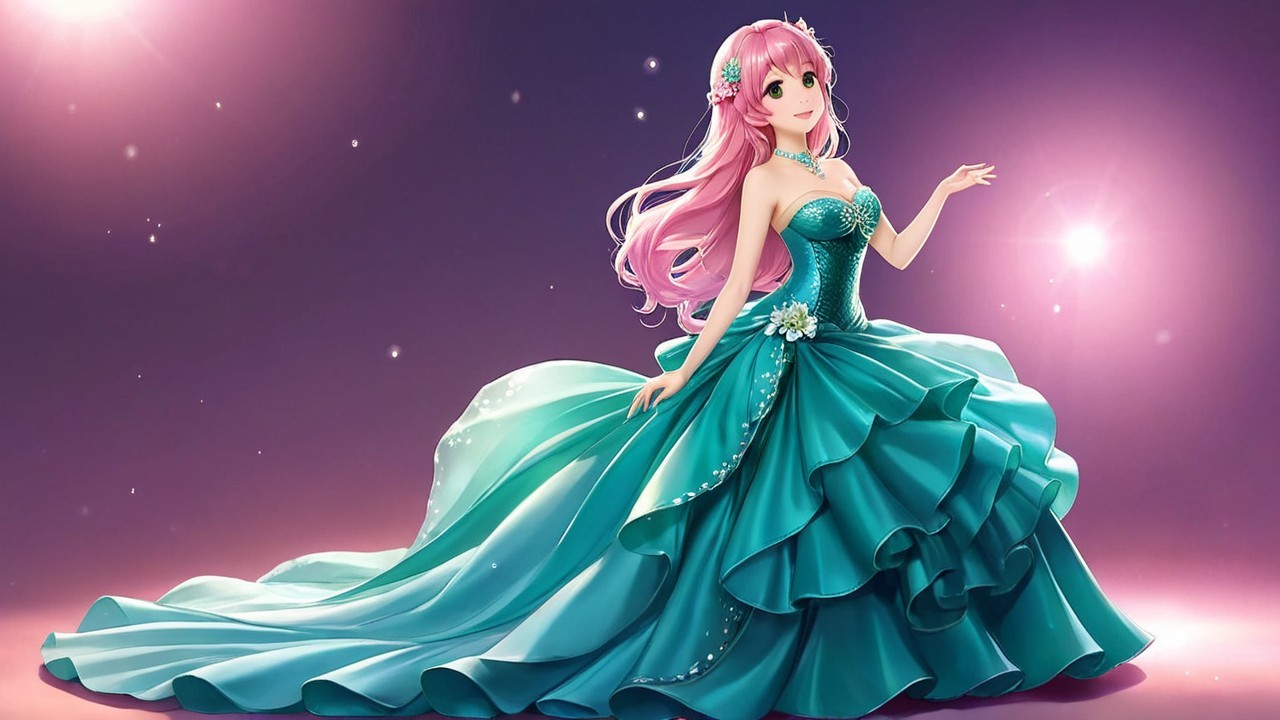 Animated Character in Teal Gown with Floral Details