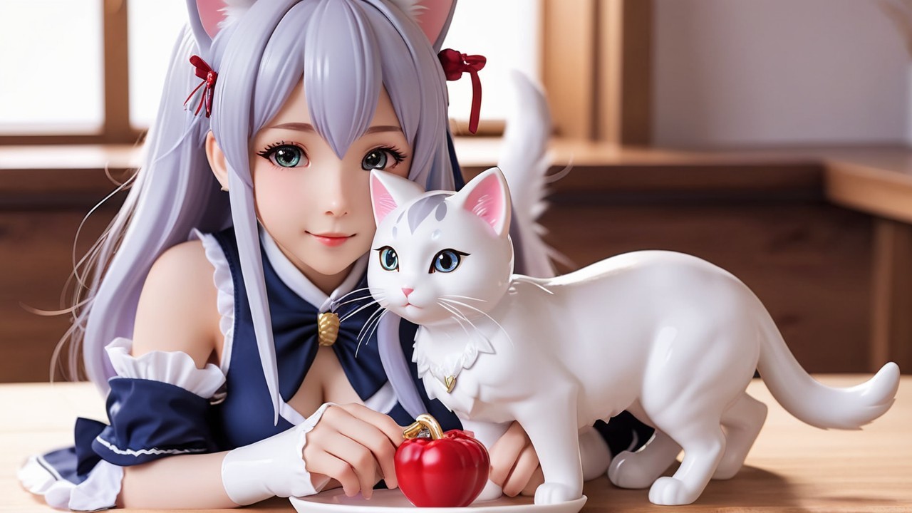 Girl with Purple Hair and Cat at a Wooden Table