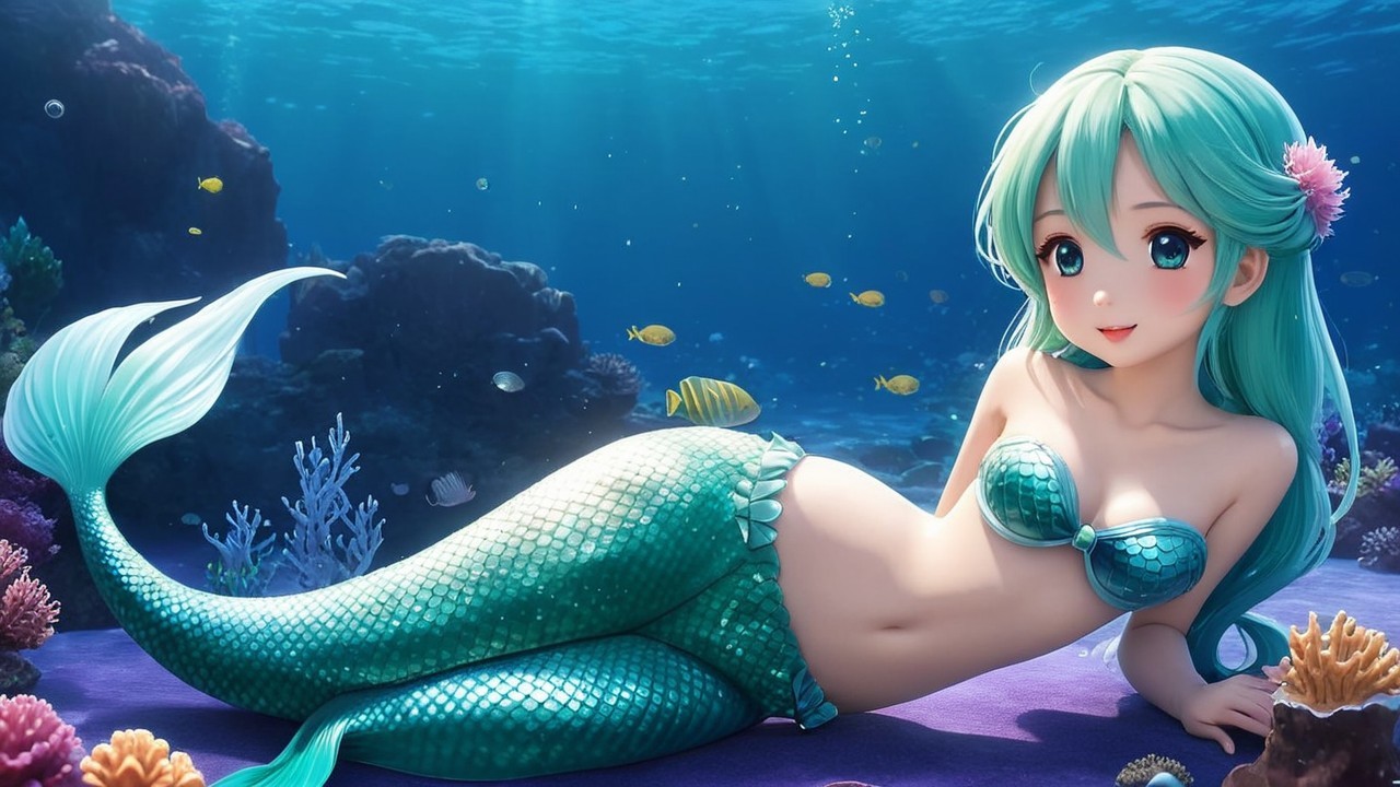 Vibrant Underwater Scene with Serene Mermaid and Coral