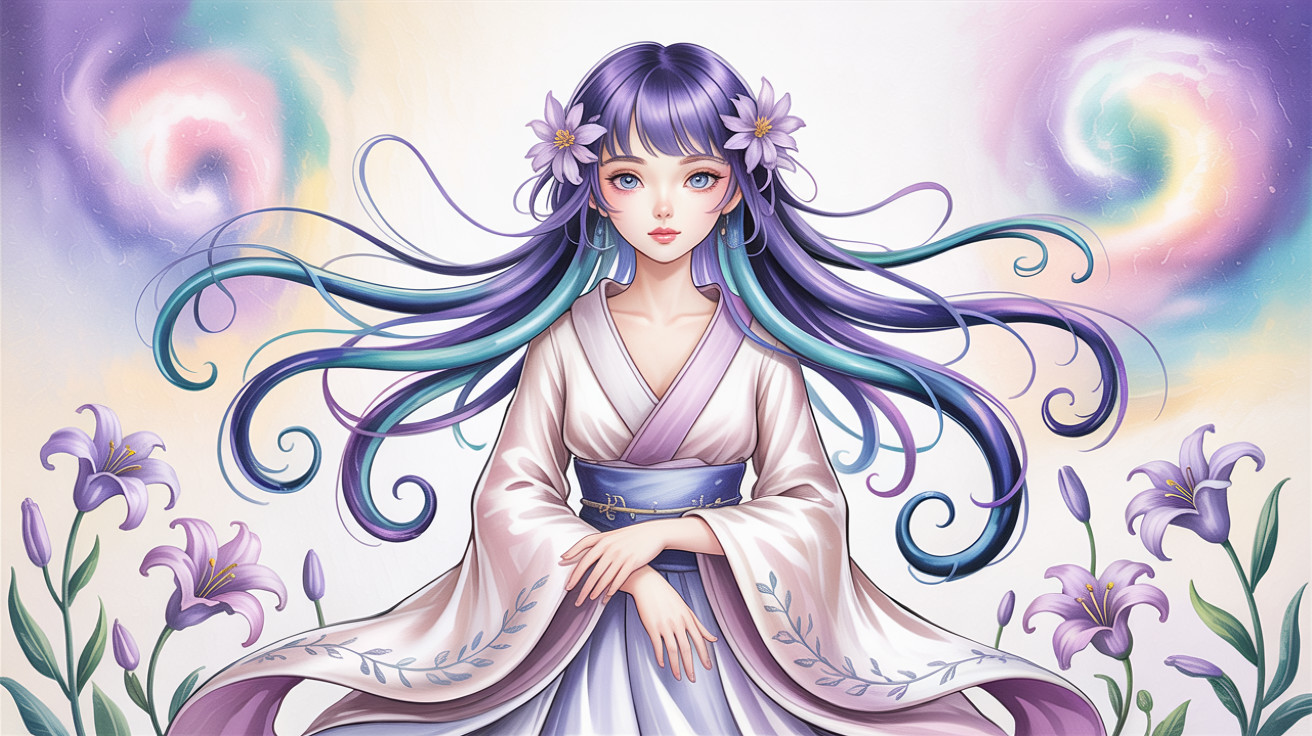 Anime-style woman in white kimono with lavender hair