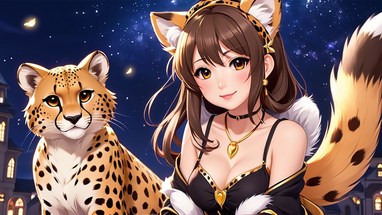 Young woman with cat ears beside a leopard at night