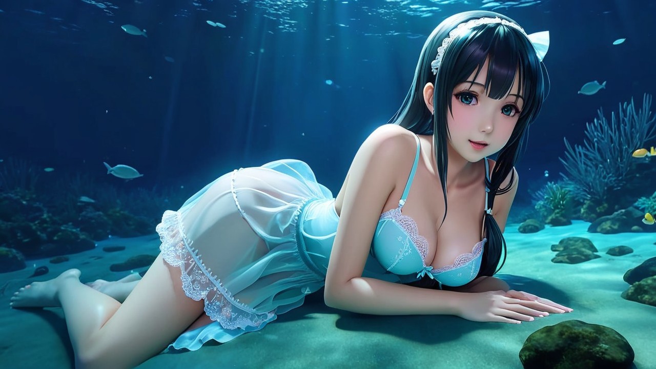 Underwater Scene with Young Woman and Fish