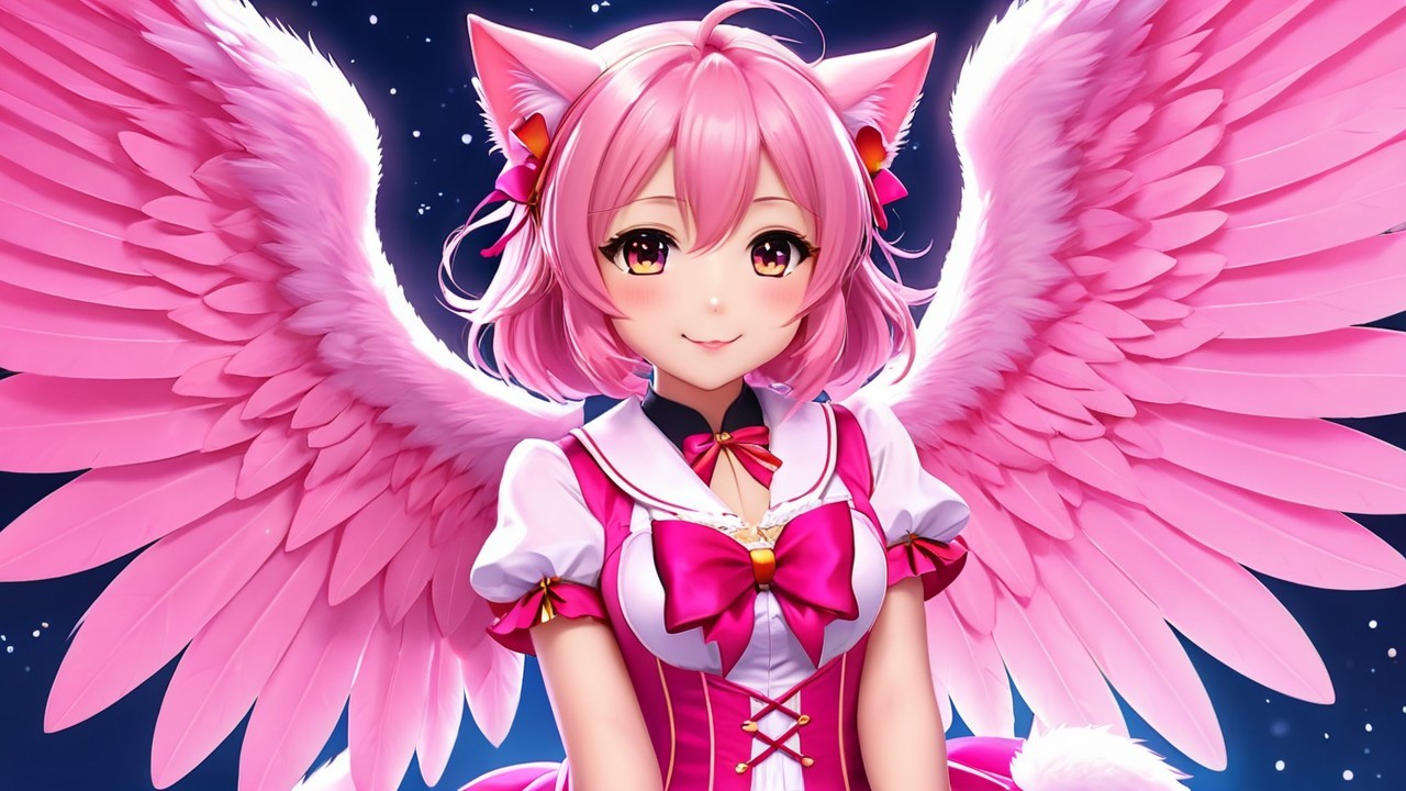 Character with Pink Hair and Feathered Wings in Stars