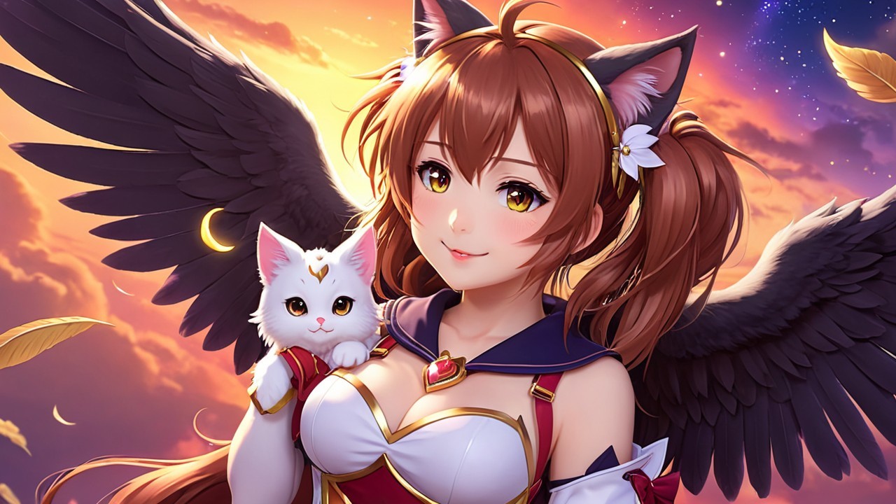 Fantasy Character with Cat Ears and Angelic Wings