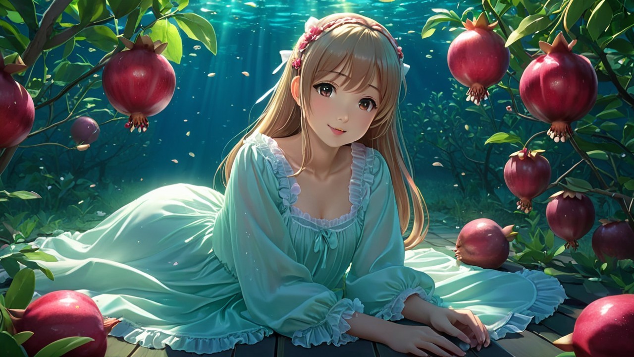 Young Woman in Mint-Green Gown Among Pomegranate Trees