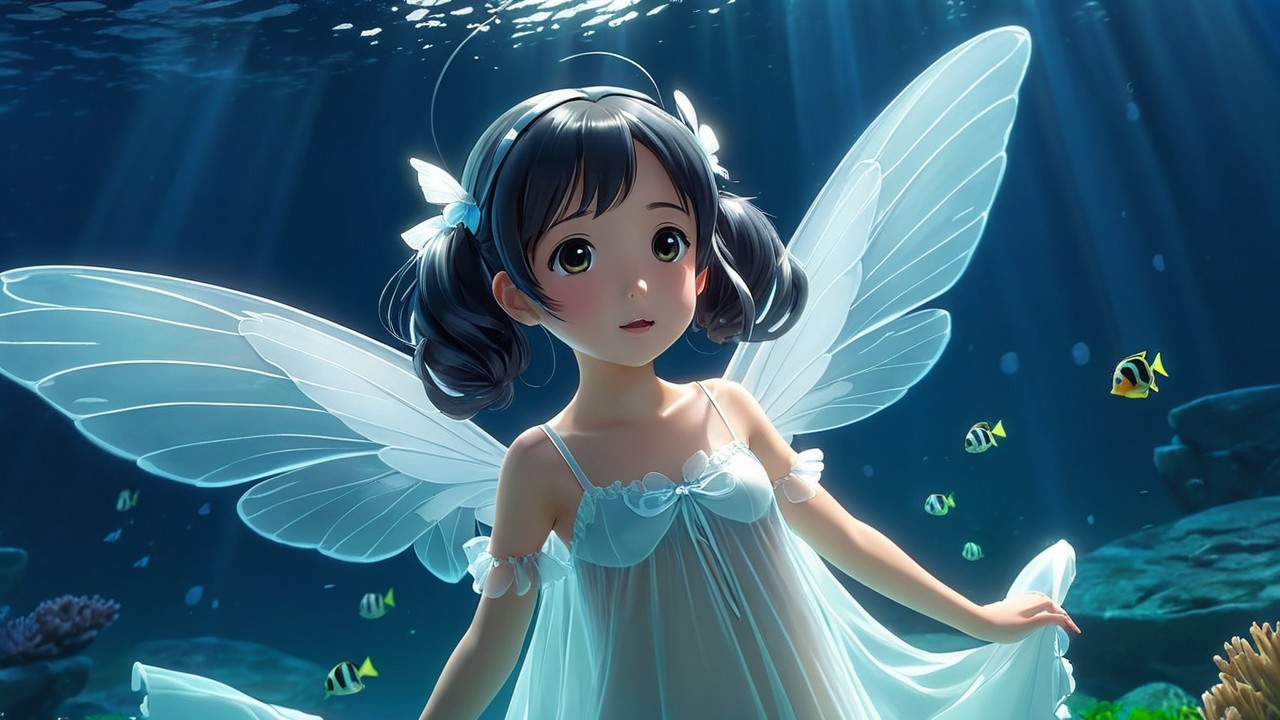 Underwater Scene with Girl and Butterfly Wings