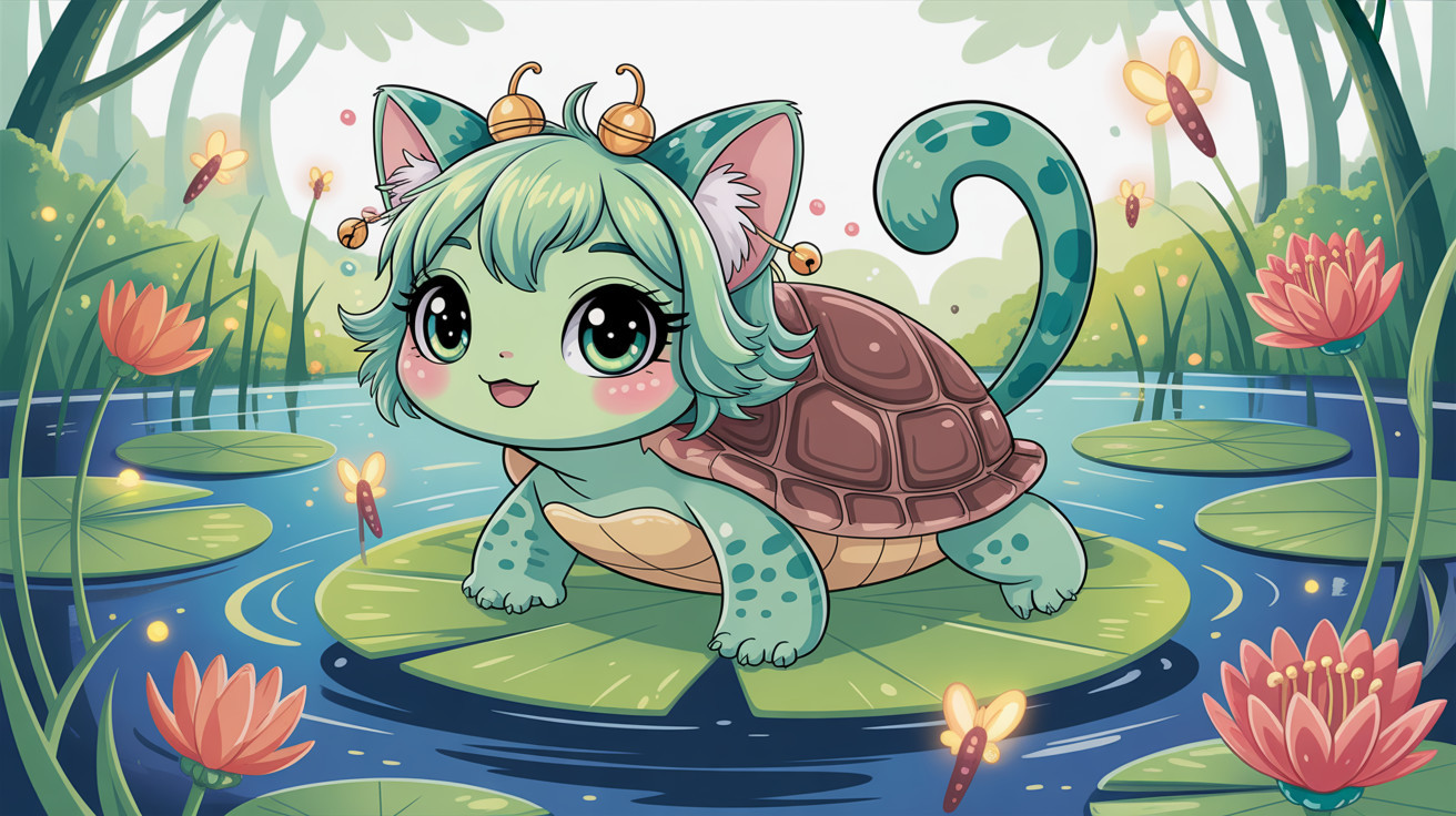 Cute Turtle Mermaid on Lily Pad in Pond Scene