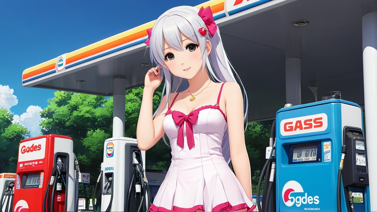 Young girl with silver hair at a colorful gas station