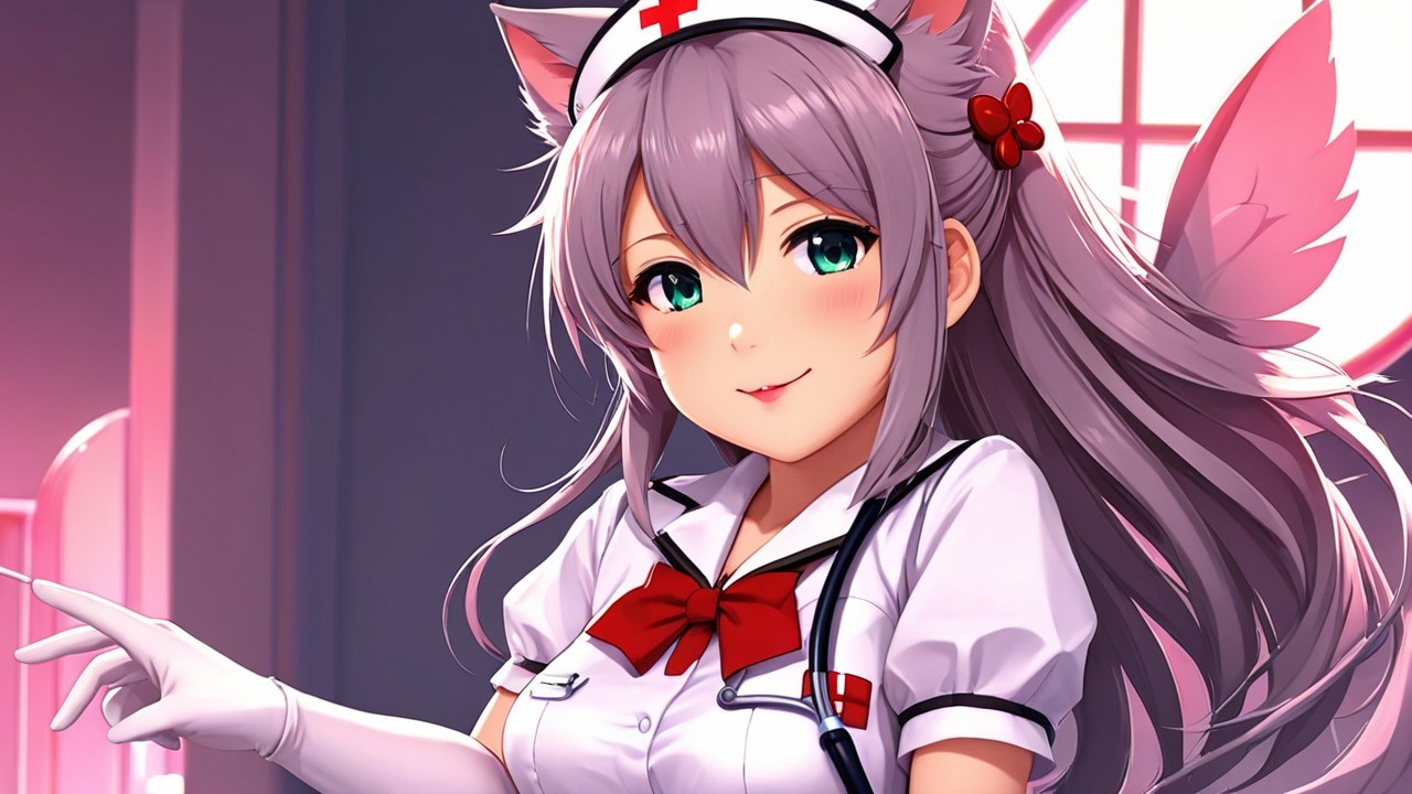 Cheerful Anime Nurse Character with Cat Ears and Tail