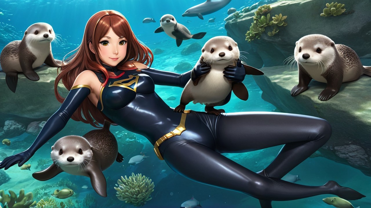 Stylized Character in Black Suit with Sea Otters Underwater