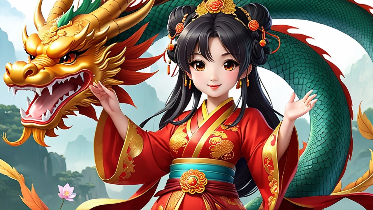 Young woman in red dress with golden dragon backdrop