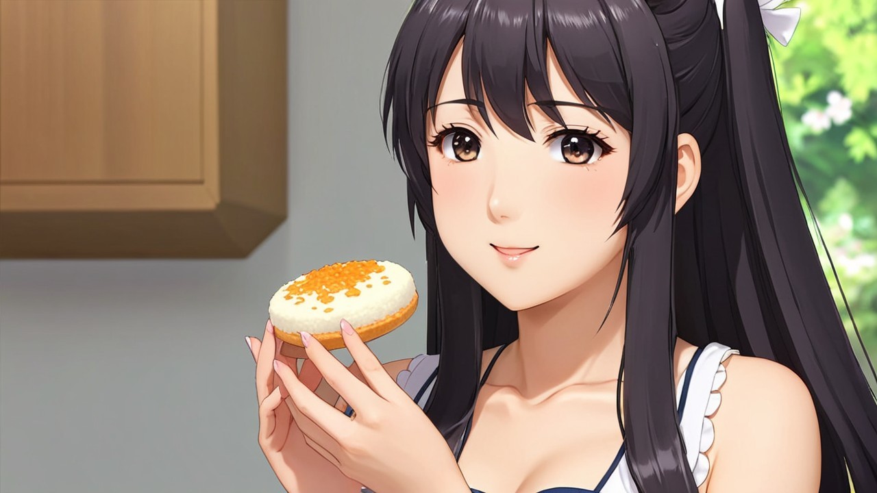 Young woman with dessert in a bright, natural setting