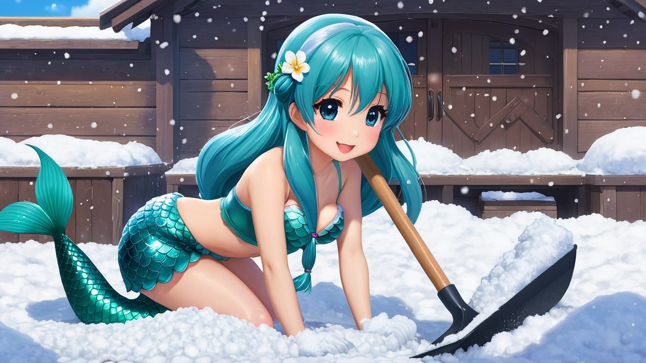 Cheerful mermaid in winter scene with snow and cabin