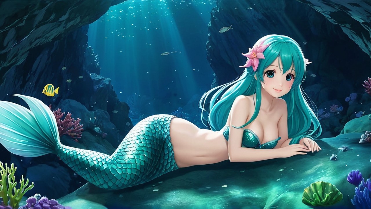Mermaid with Turquoise Hair in Underwater Scene
