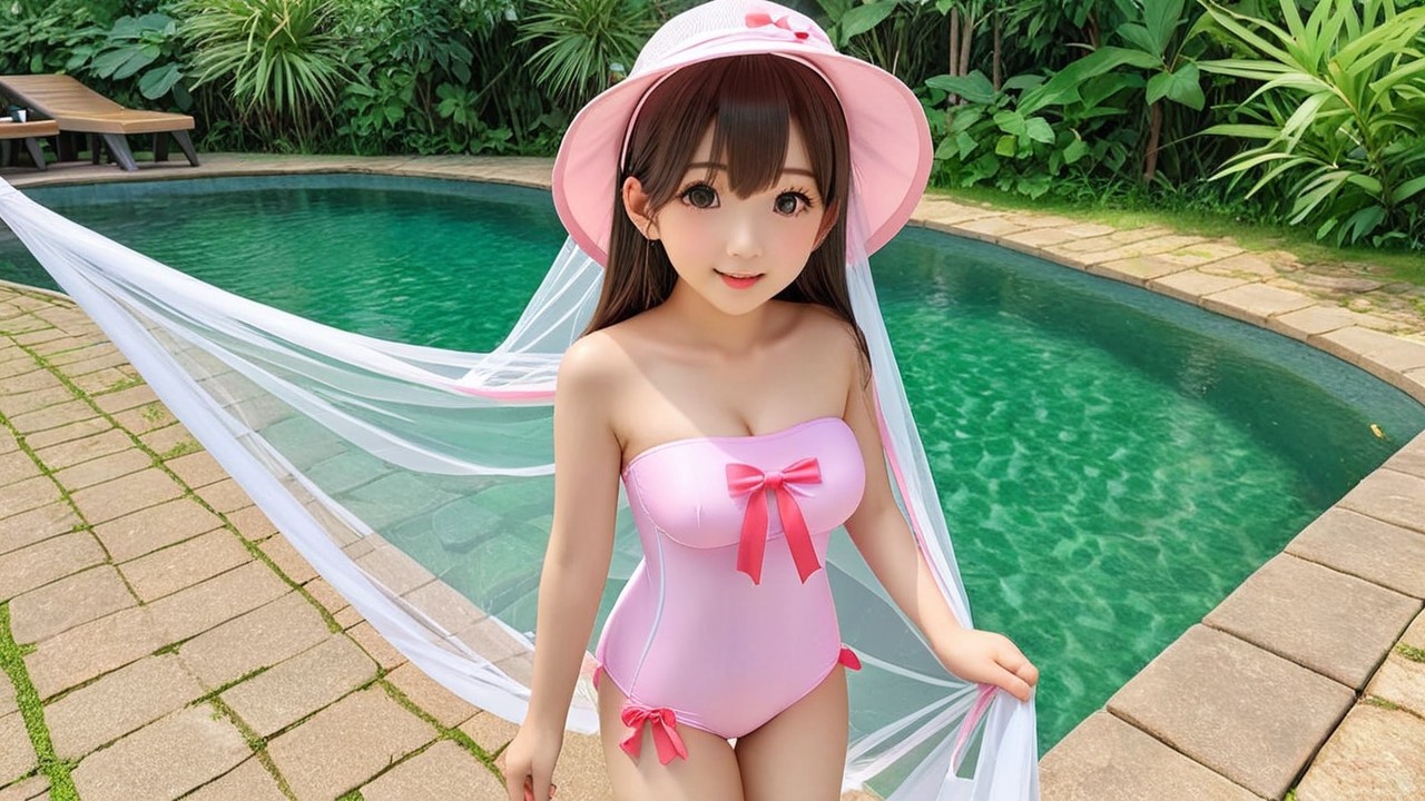 Young girl in pink swimsuit by sparkling pool
