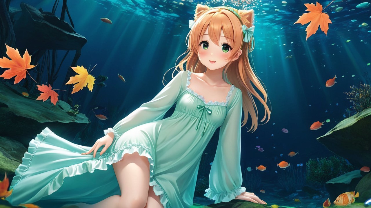 Whimsical Underwater Scene with Cat-Eared Character