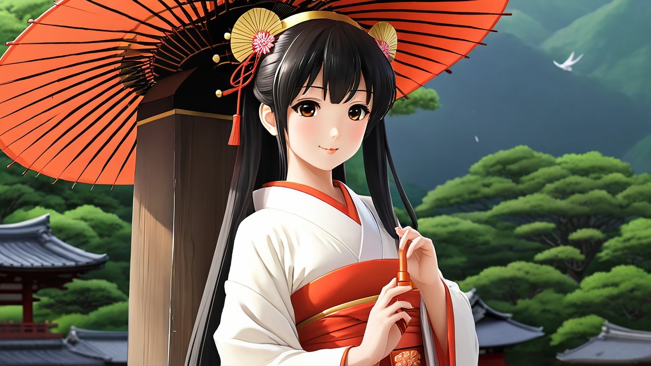 Young Woman in Traditional Kimono Under Red Parasol