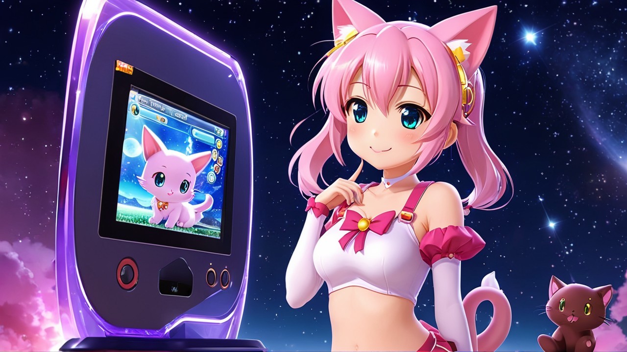 Cheerful Anime Girl with Cat Ears and Gaming Console