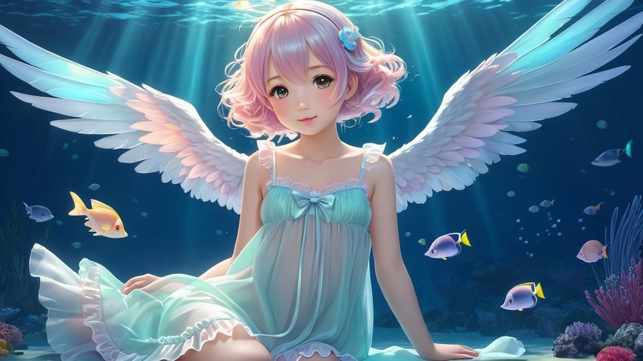 Underwater Scene with Girl, Fish, and Light Rays