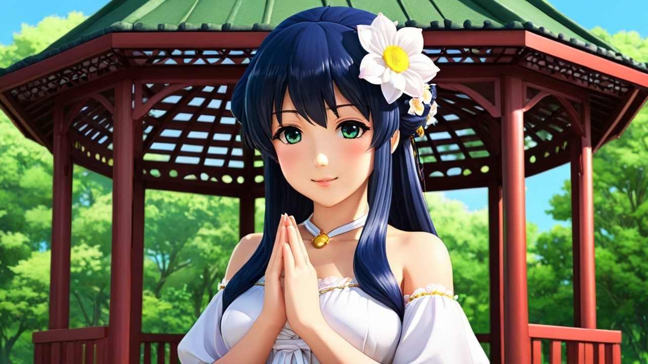 Young woman in gazebo with blue hair and white dress