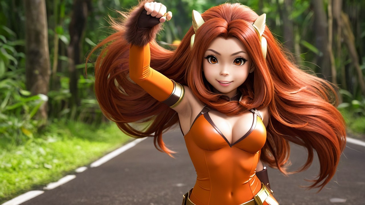 Dynamic Female Character in Vibrant Orange Outfit