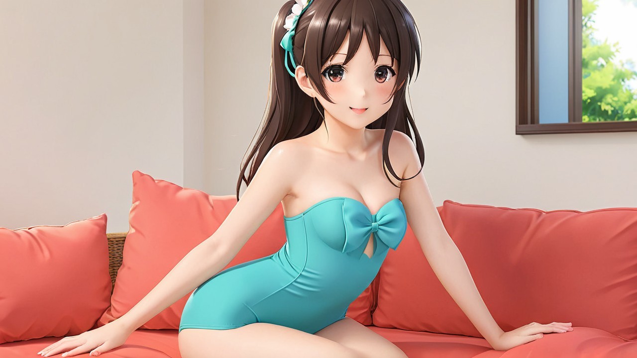 Young woman in turquoise swimsuit on coral couch