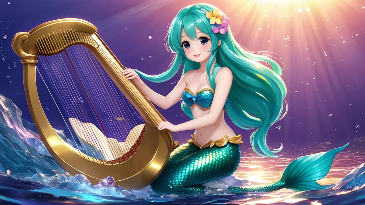 Mermaid with Turquoise Hair Playing a Golden Harp