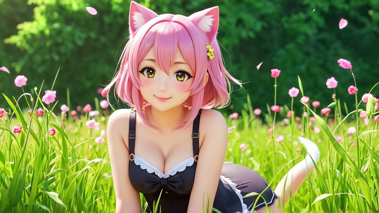 Anime girl with pink hair in a flower field