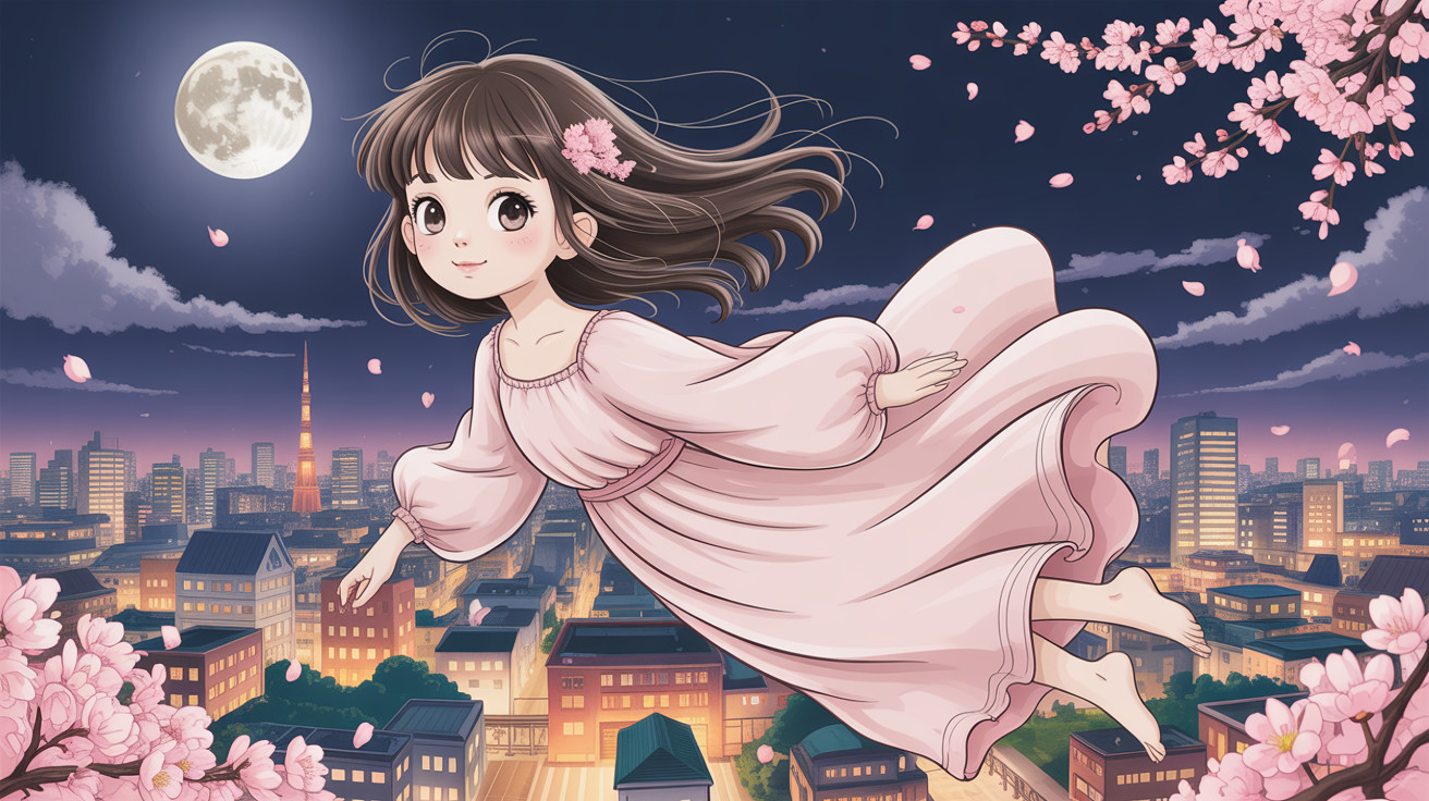 Anime Illustration of a Girl Flying Over a City at Dawn