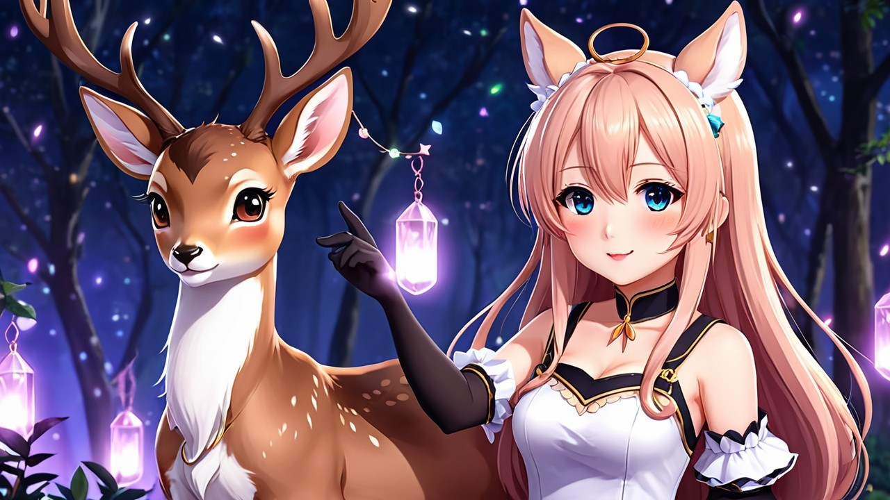 Whimsical Scene of Girl and Deer in Magical Forest
