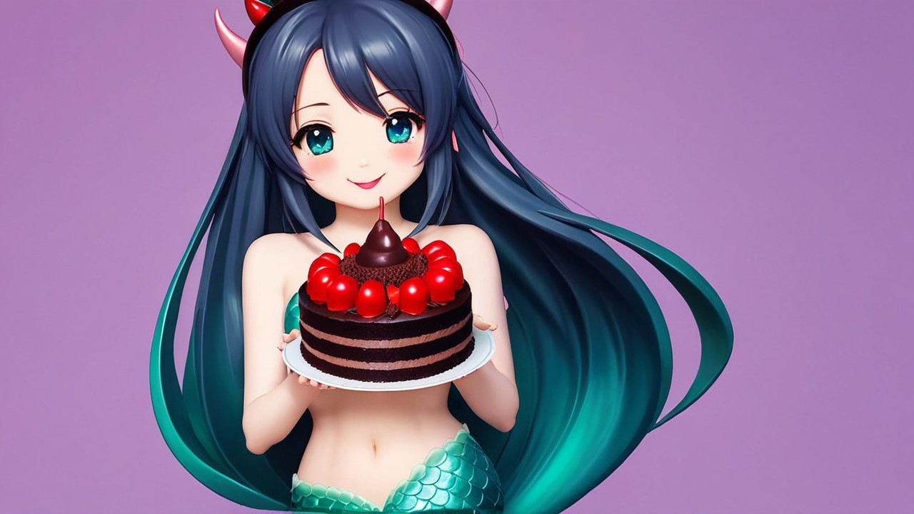 Cheerful anime character with teal hair and cake