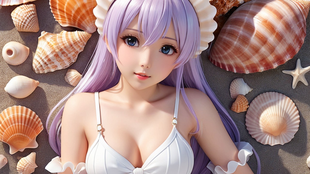 Anime Character with Purple Hair on Sandy Beach