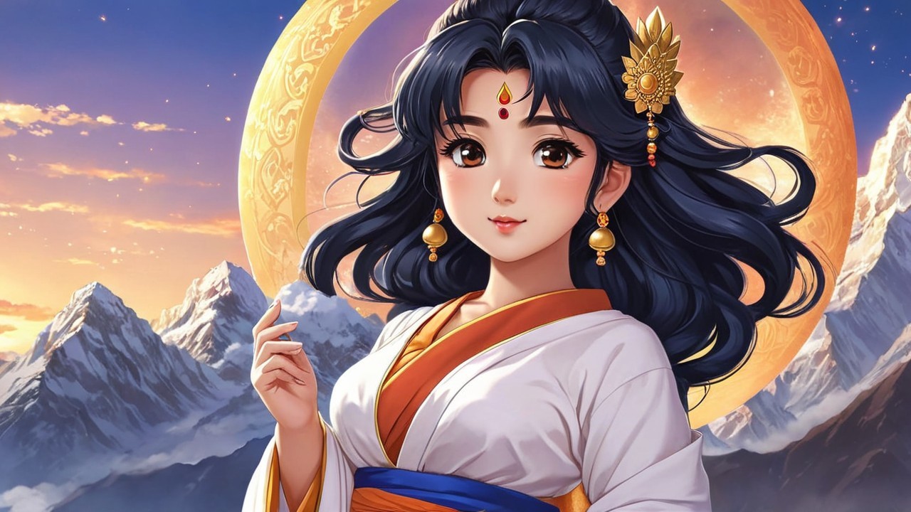Young Woman in Traditional Outfit Against Mountain Sunset