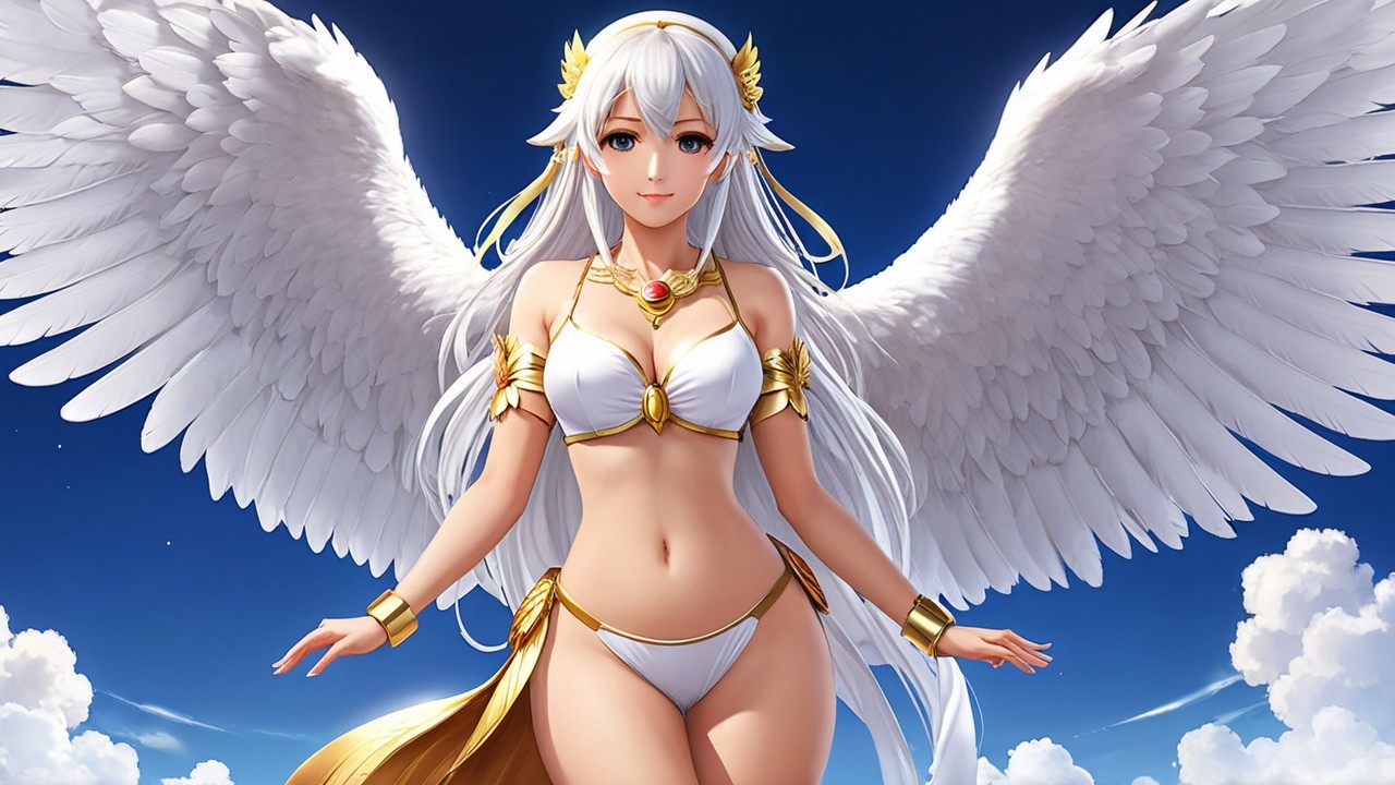 Celestial Figure with White Wings Against Blue Sky