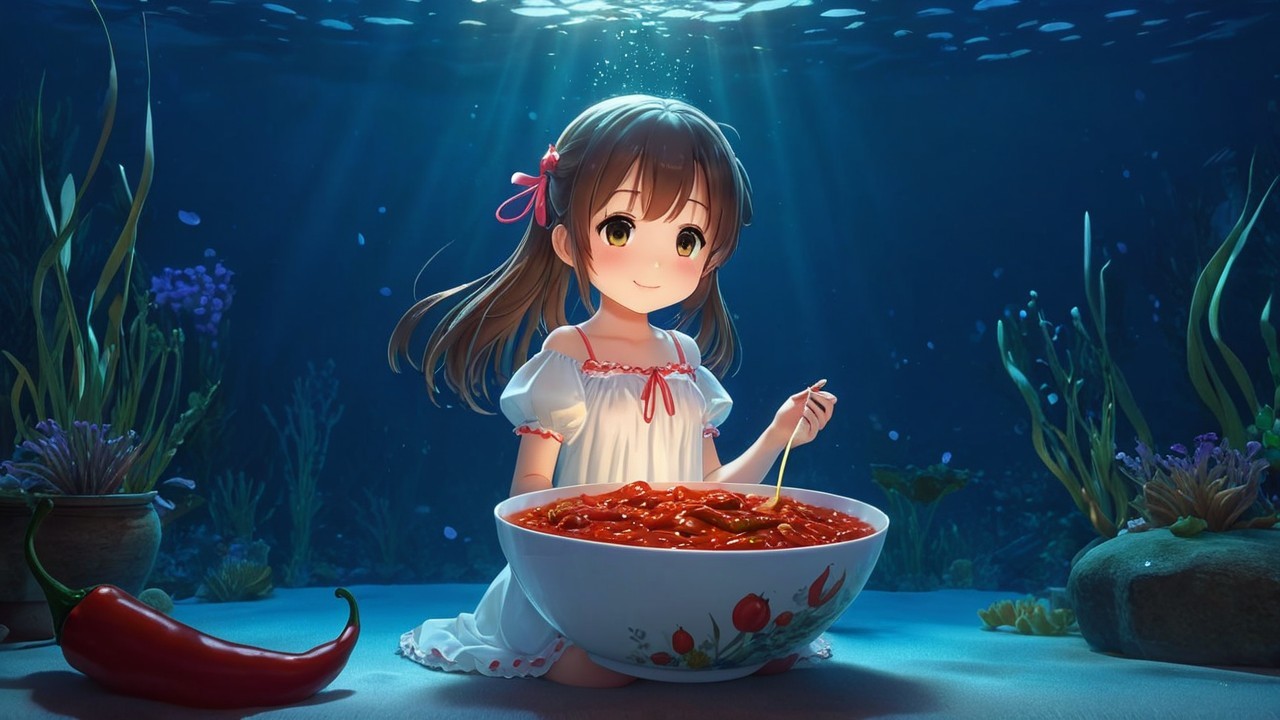Underwater Scene of a Girl Enjoying Pasta with Marine Life