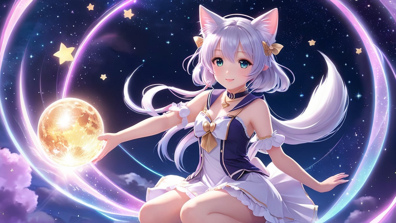 Magical Anime Character with Cat Ears and Moon