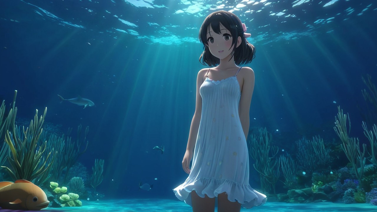Young girl underwater in coral reef with fish