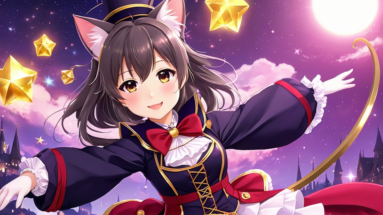 Cheerful Character with Cat Ears in Twilight Sky