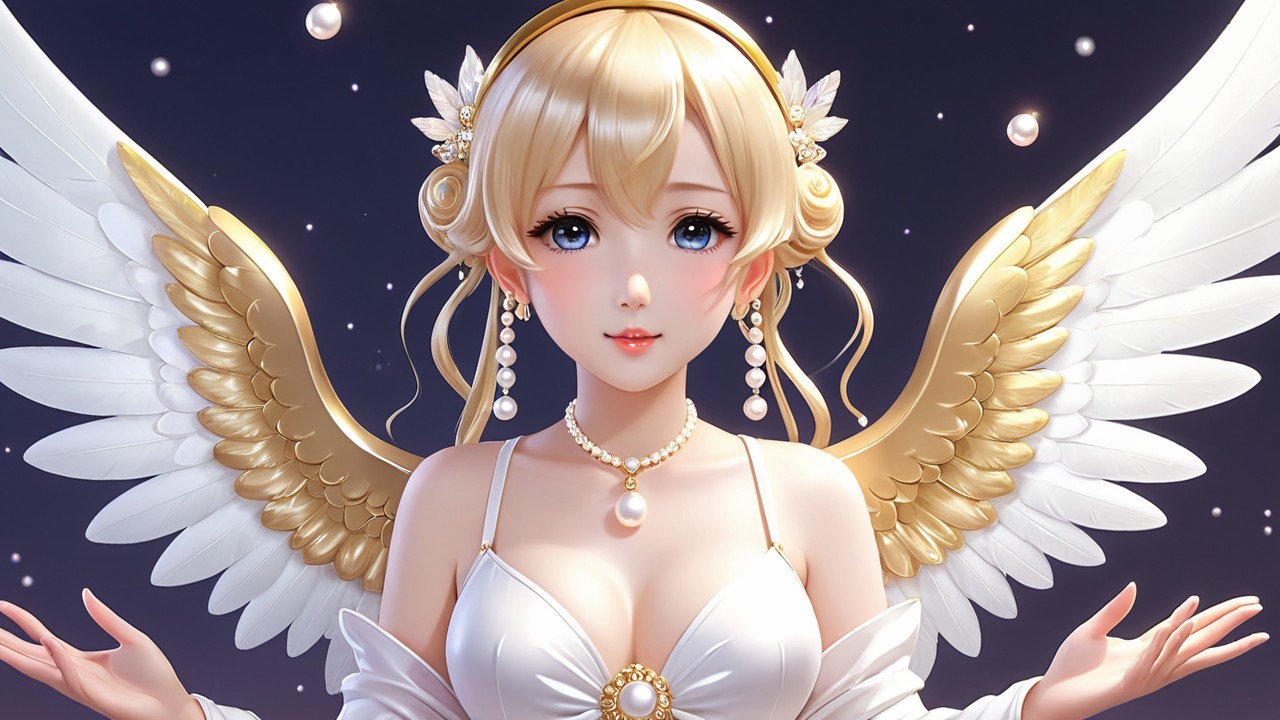 Serene Angelic Figure with Golden Wings and Dress