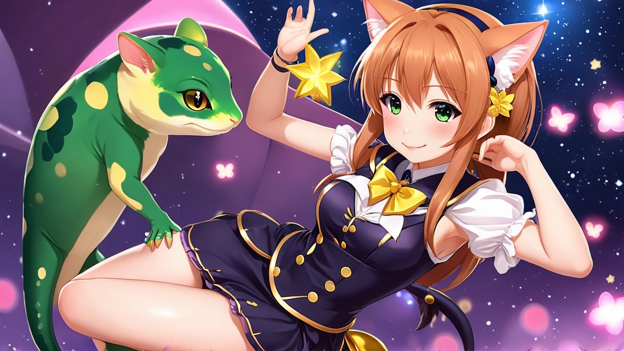 Cheerful character with cat ears in a starry scene