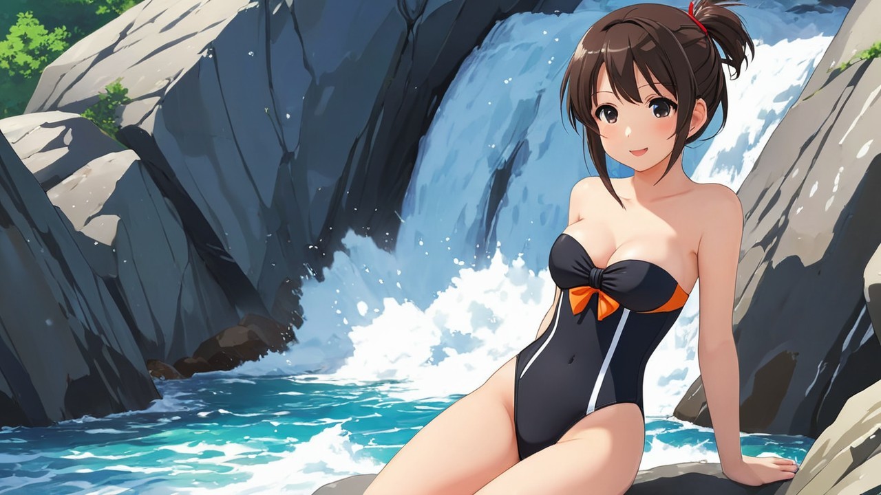 Young Woman in Black Swimsuit by Serene Waterfall