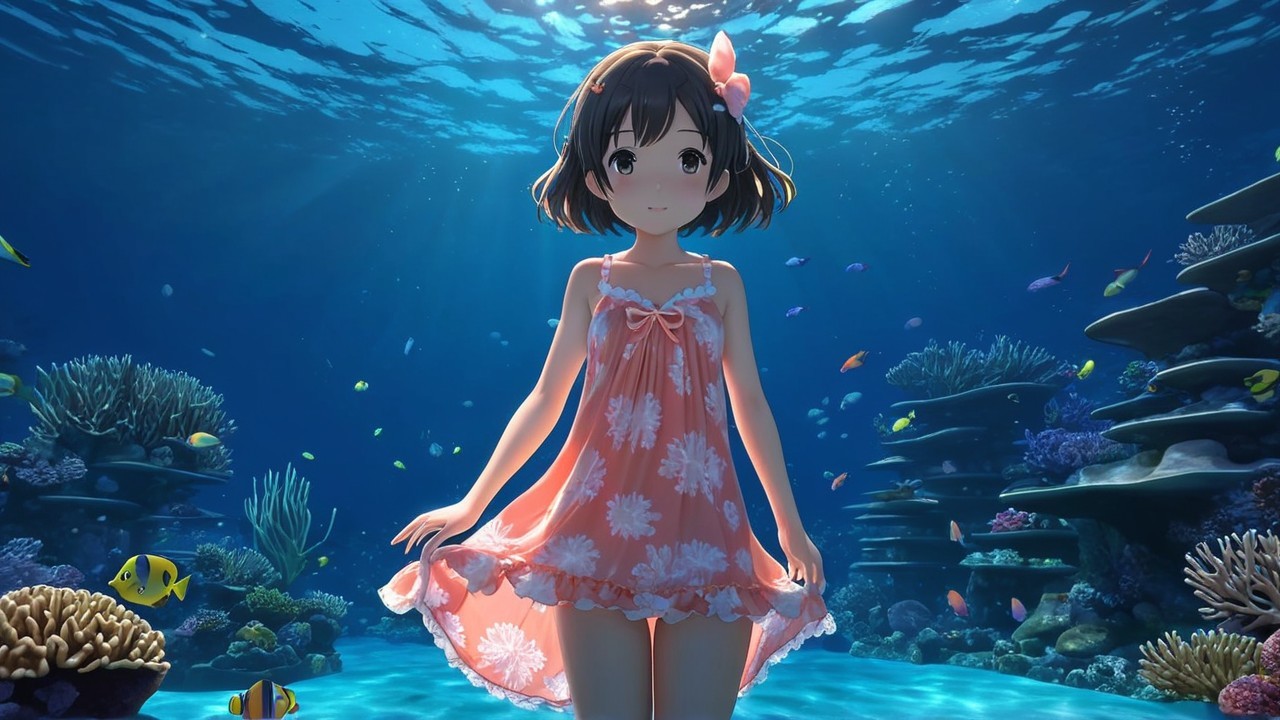Young girl in underwater scene with coral reefs and fish