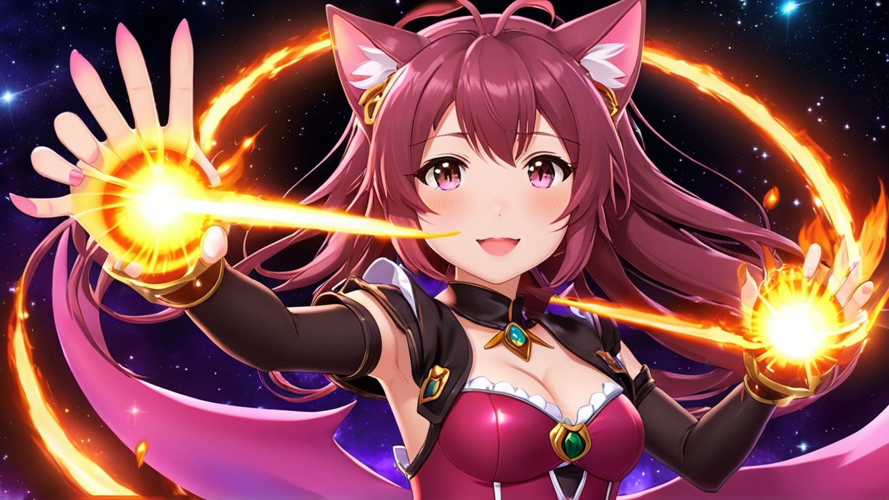 Vibrant anime character with purple hair and energy orbs