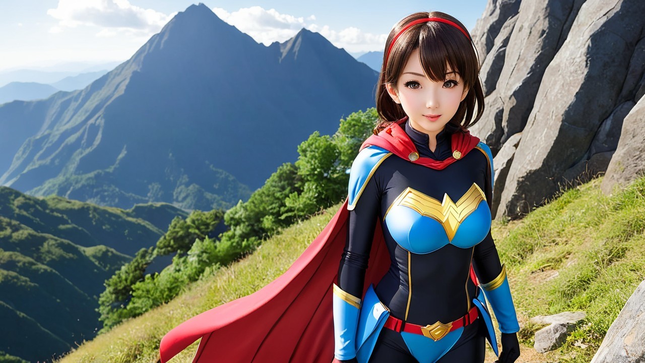 Heroic female character on a rocky hill with mountains