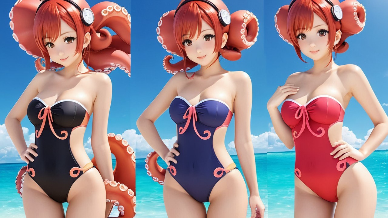 Stylish Beach Character in Colorful Octopus Swimsuit