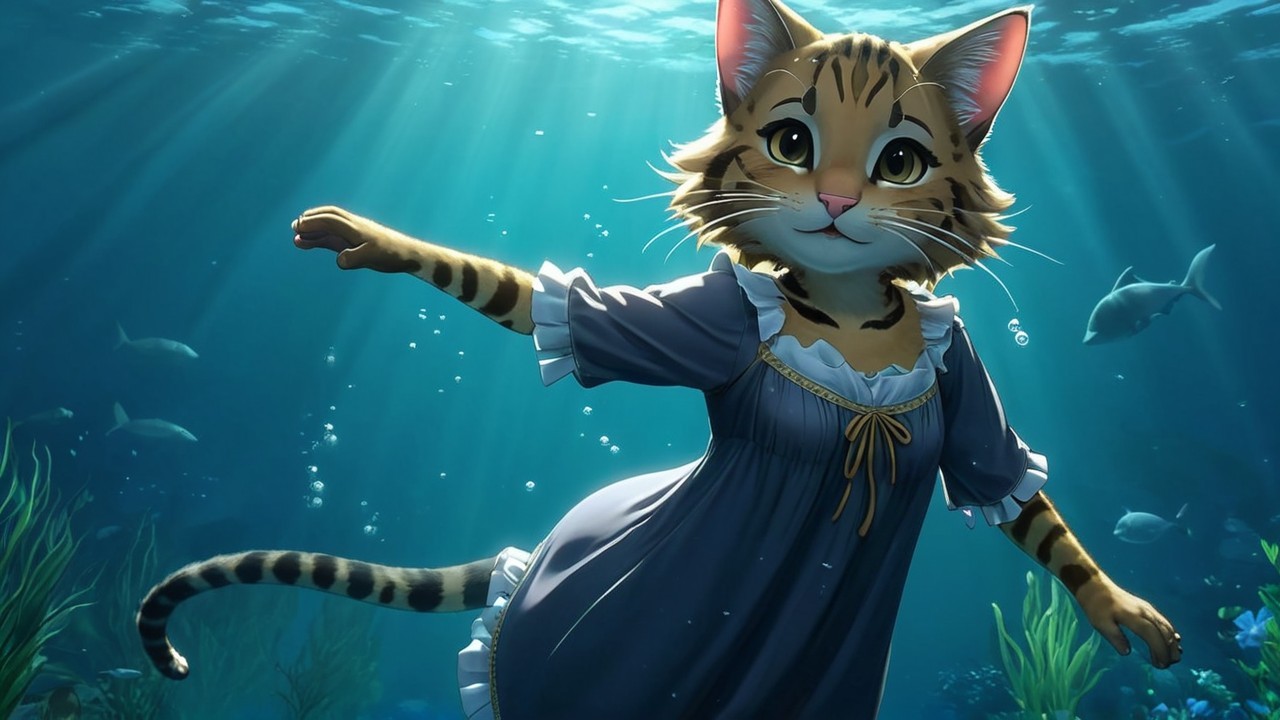 Whimsical Underwater Scene with Feline Character